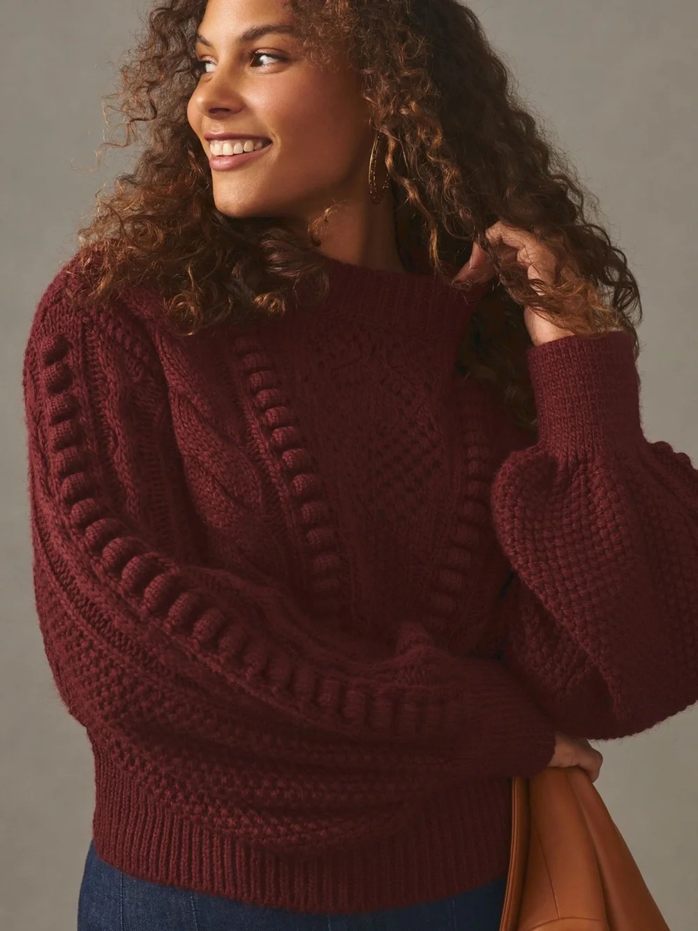 Anthropologie | Cropped Cable Knit Sweater in Wine | Large